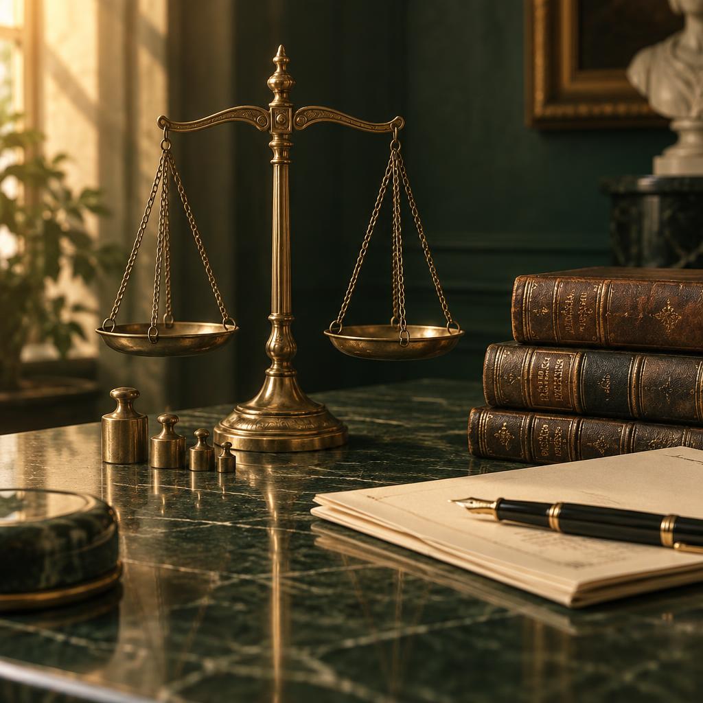 An antique brass balance scale with weights, beside leather-bound law books on a dark emerald desk