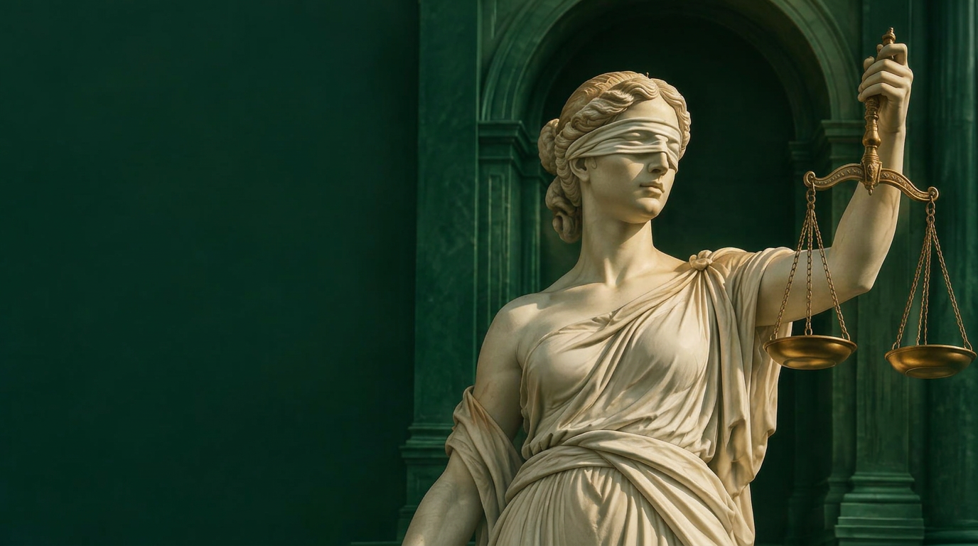 An ivory Lady Justice sculpture and brass scales in an emerald architectural setting